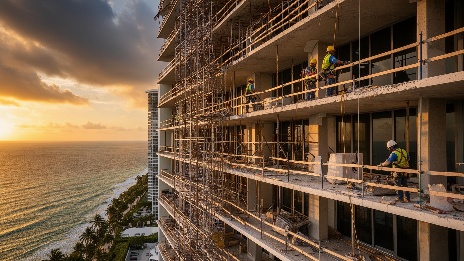 High-rise oceanfront condominium undergoing structural restoration in South Florida